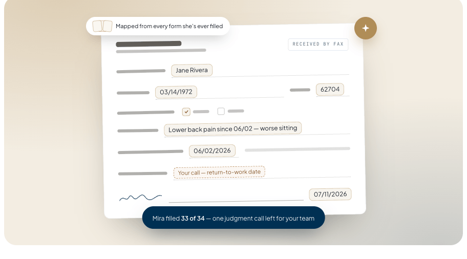 Illustration of Mira filling a faxed disability form: blanks located on the scanned page, demographics filled from the chart, and the rest flagged for staff review